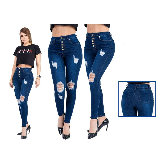 Pantalon xblue color azul con diseño rasgado y 5 botones